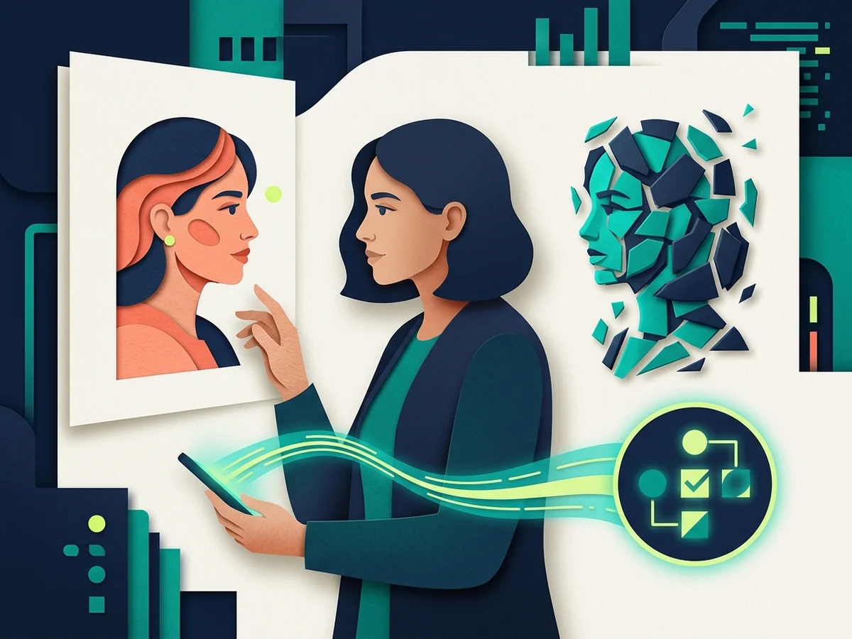 Editorial illustration about verifying synthetic media and protecting personal data